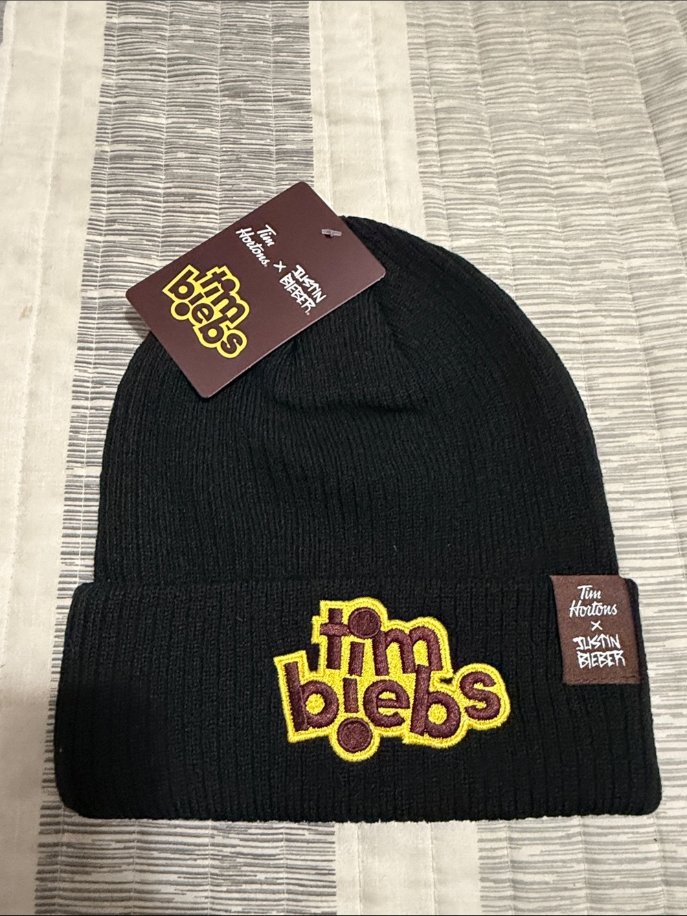 Black Knit Beanie with Yellow and Burgundy Logo